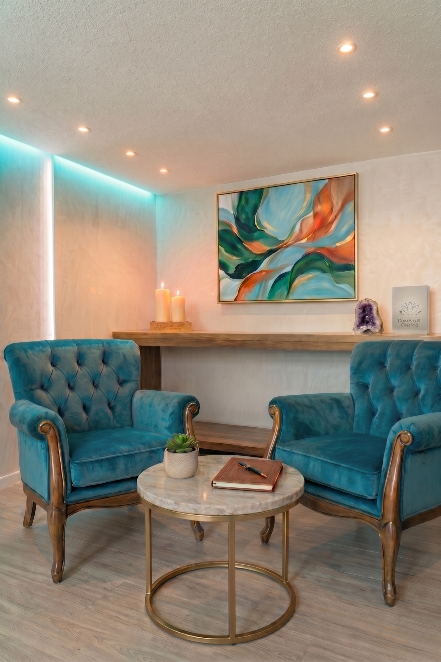 Serene spa lounge with two teal velvet armchairs, candles, and an abstract painting